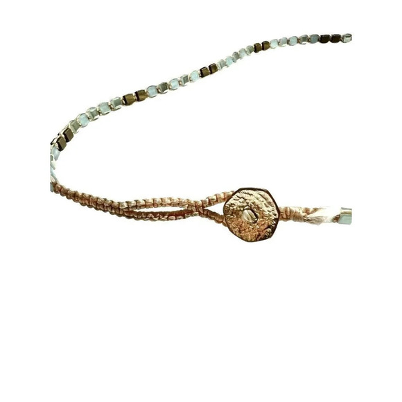 Square Glass Beaded Braided Hippie Surfer Boho Necklace Blue, Gold, Beige - Picture 3 of 4